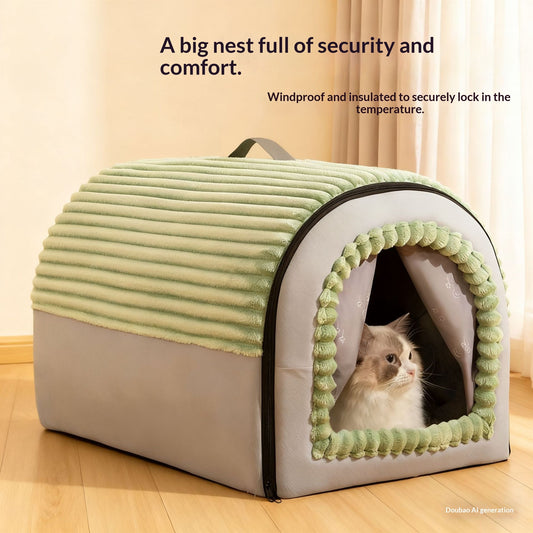 CozyPaws Insulated Winter Cat House – Weatherproof Outdoor Shelter with Door Curtain