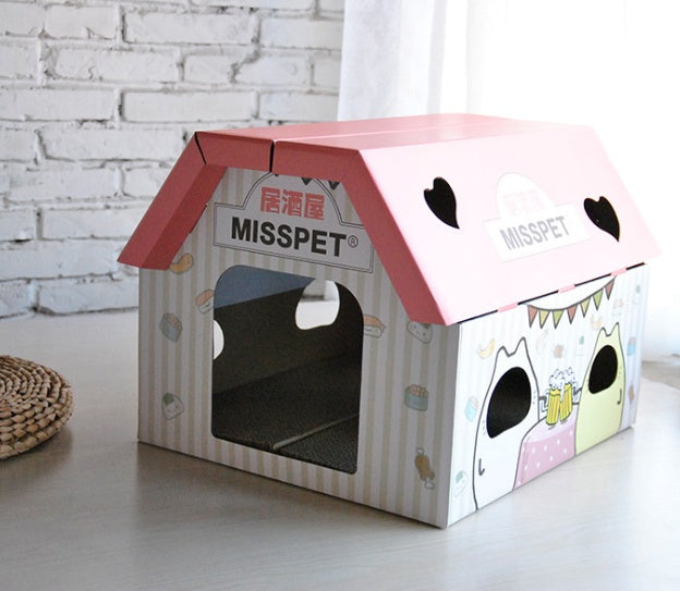 CozyPaws Corrugated Cat House & Scratcher – Cozy Hideaway with Built-In Scratch Pad