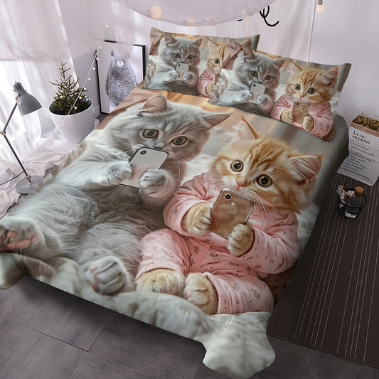 Cat Duvet Cover Set, Kawaii Pet Animal Cat Lover Comforter Cover Set, 3 Pieces, 1 Quilt Cover And 2 Pillowcases