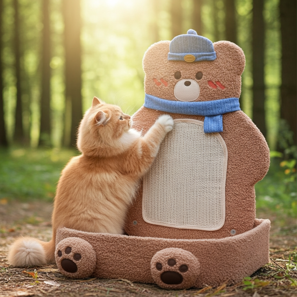CozyPaws Vertical Sisal Cat Scratcher with Shelf – Bear & Bunny Design